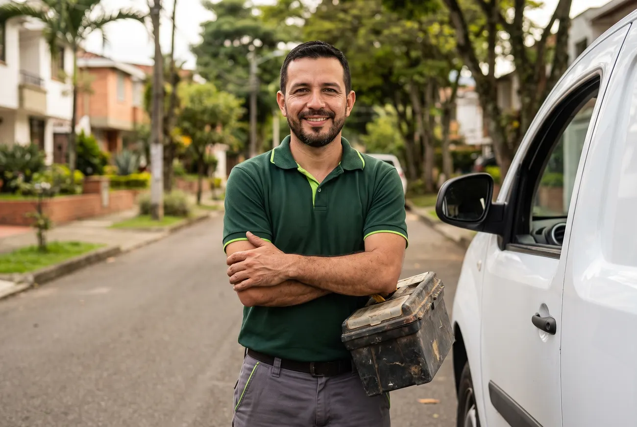 Técnico de TecniHogar Medellín con su furgoneta de servicio a domicilio