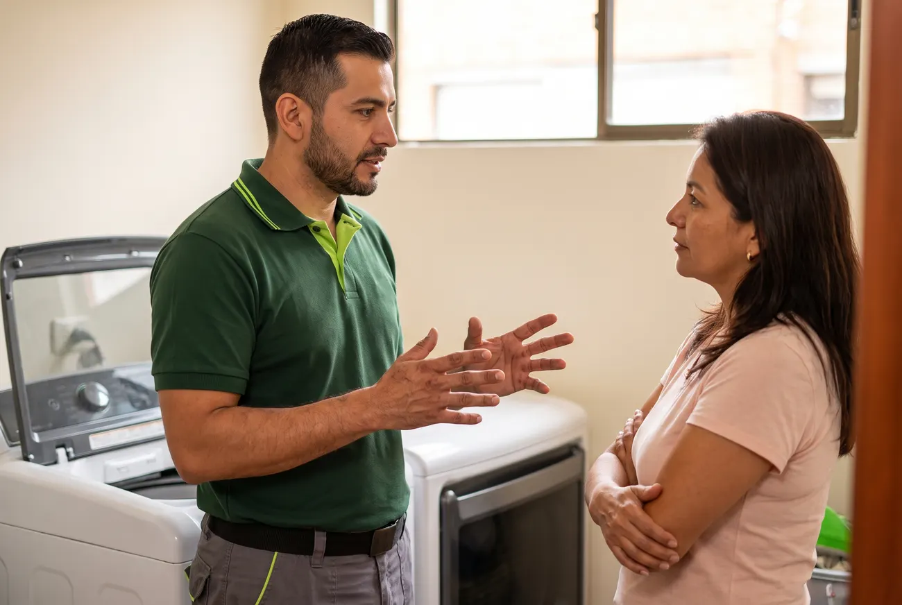 Técnico de TecniHogar explicando el diagnóstico a una clienta en su hogar